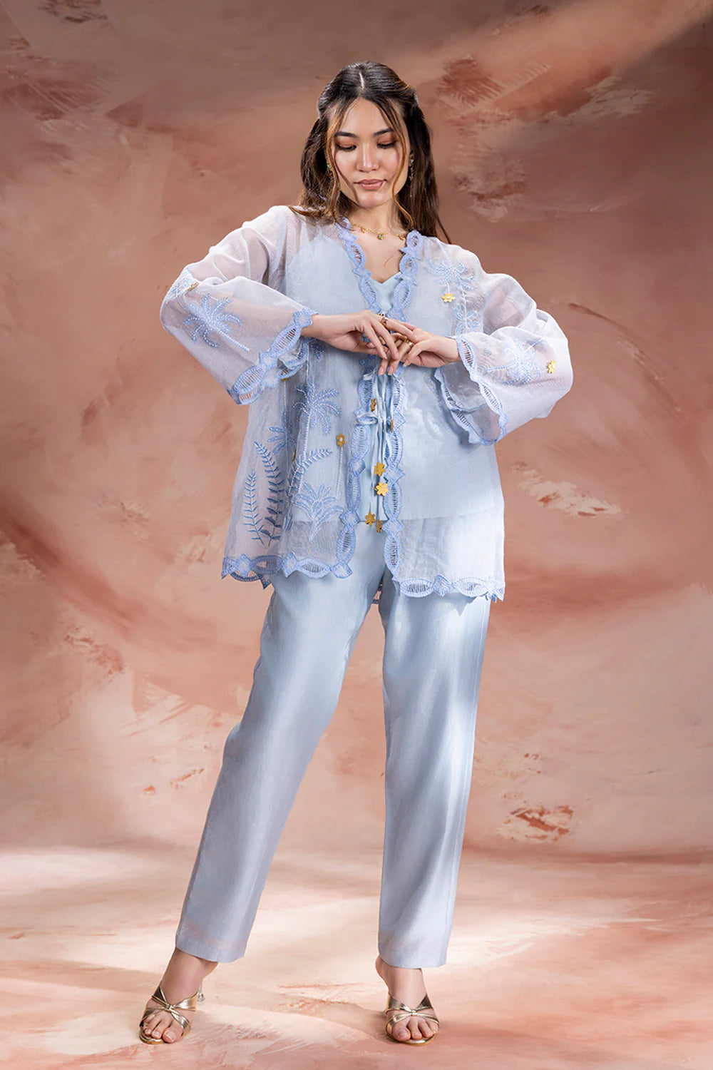 Alisa Embroidered Tie Up Detailed Top With Pants