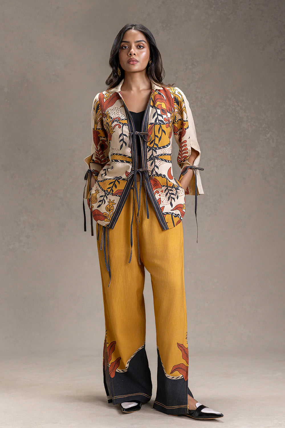 Kyomi Printed Tie Detail Shirt And Pants