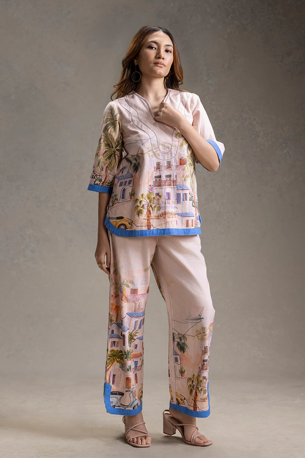 Reviera Printed Neck Detail Top And Pants