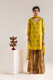 Aarani Yellow Embroidered Sharara Set With A Cape