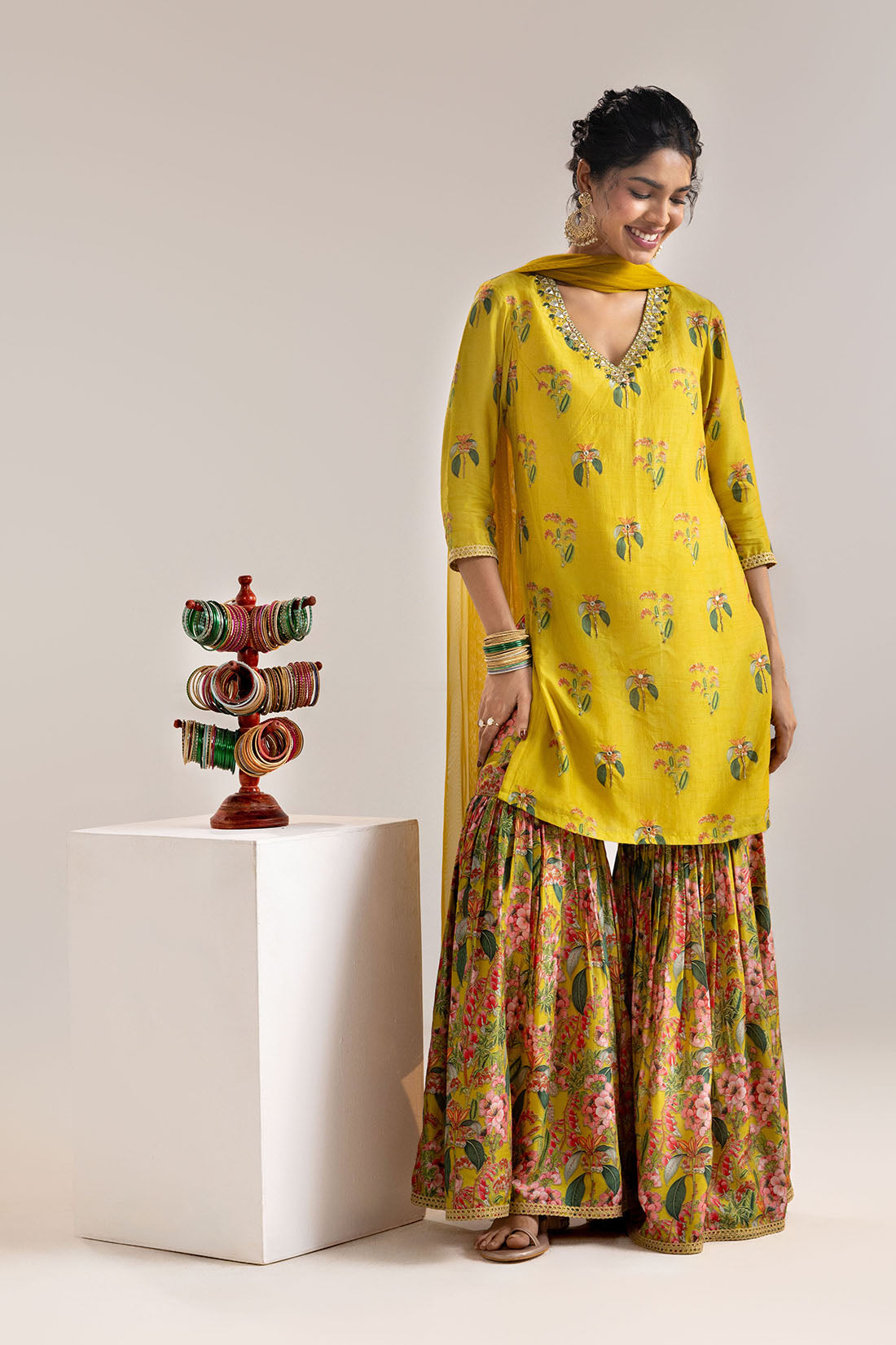 Aarani Yellow Embroidered Sharara Set With A Cape