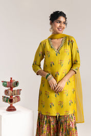 Aarani Yellow Embroidered Sharara Set With A Cape