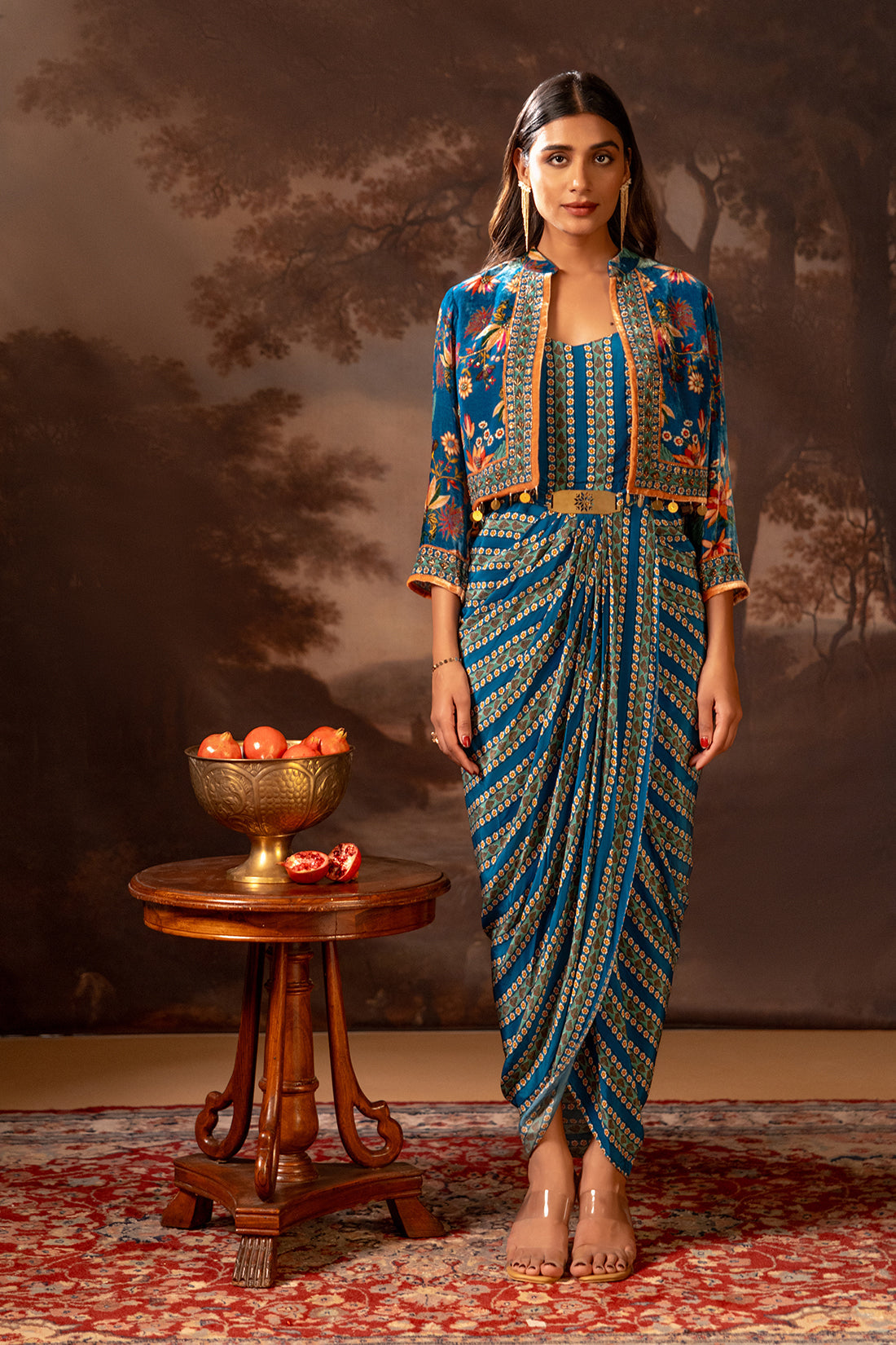 Aarani Blue Embroidered Drape Dress Set