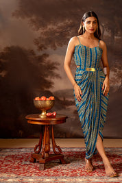 Aarani Blue Embroidered Drape Dress Set