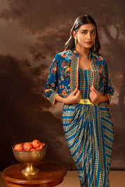 Aarani Blue Embroidered Drape Dress Set