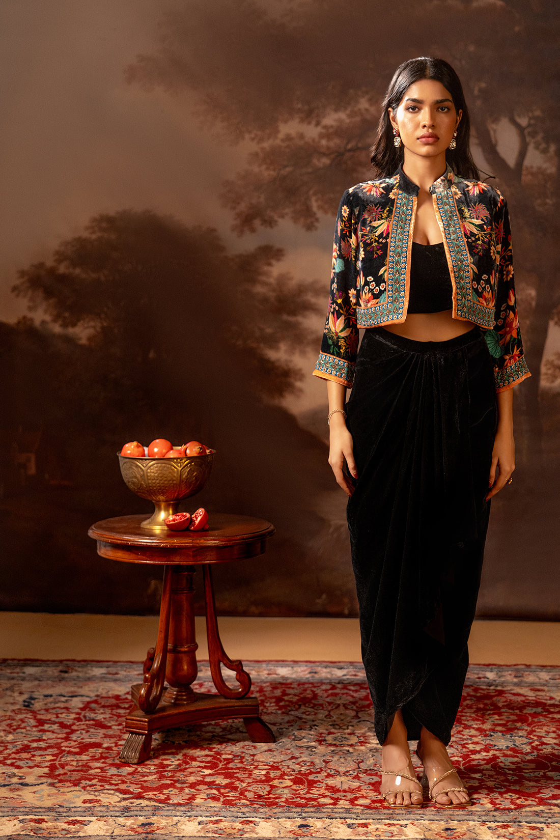Aarani Black Embroidered Drape Skirt Set