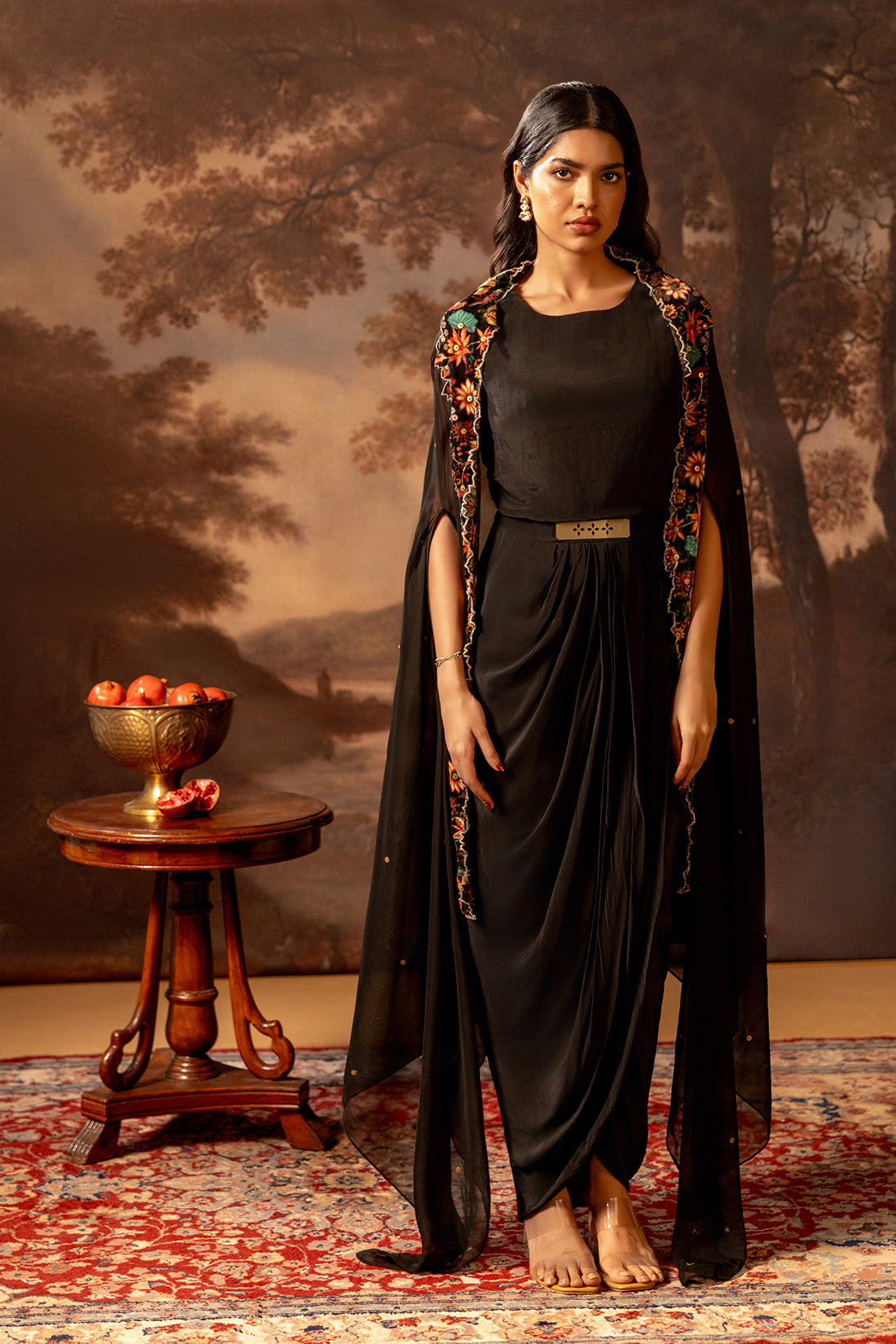 Aarani Black Embroidered Drape Dress Set