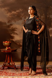 Aarani Black Embroidered Drape Dress Set