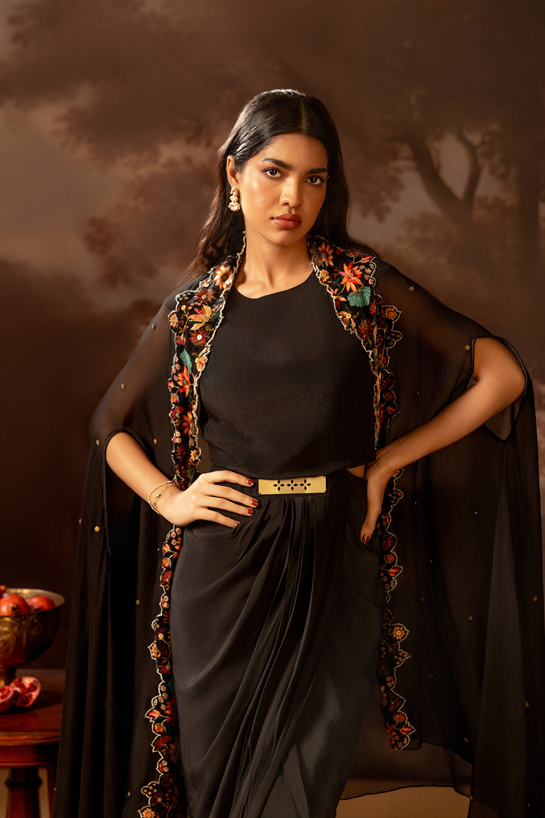 Aarani Black Embroidered Drape Dress Set