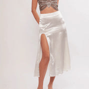 Twinkle White Rhinestone Embellished Flared Midi Skirt