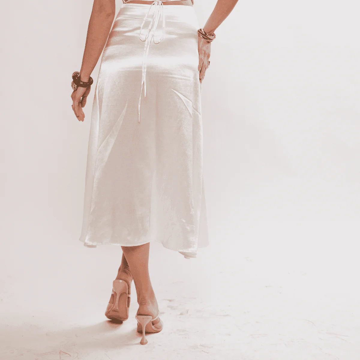 Twinkle White Rhinestone Embellished Flared Midi Skirt