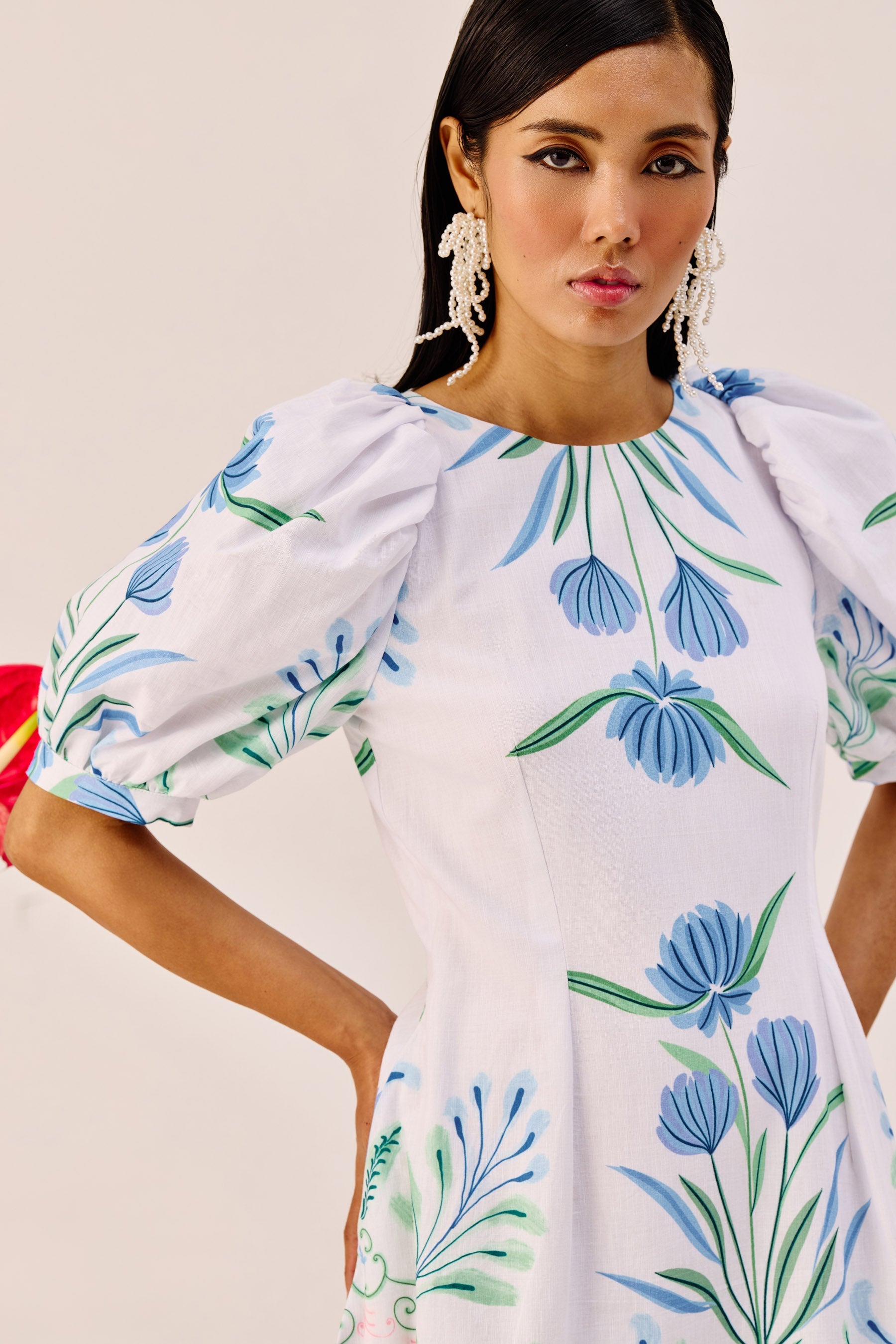 White Linen Floral Puff Sleeve Midi Dress