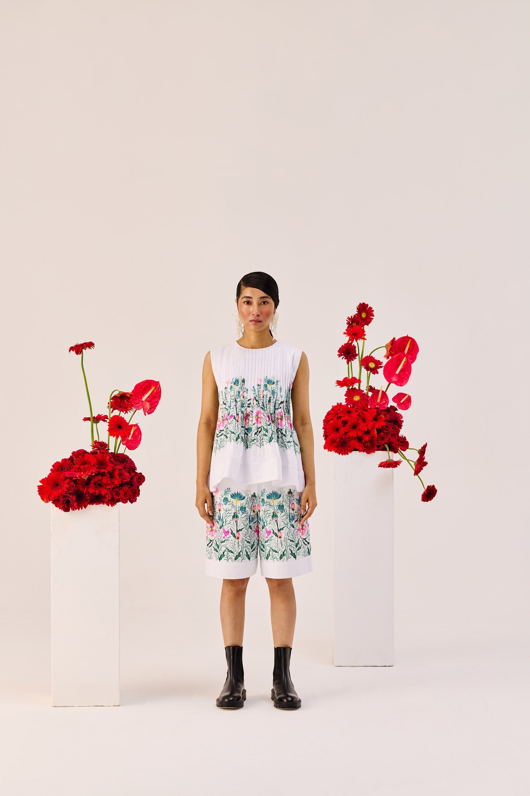 White Floral Print Cotton Peplum Top