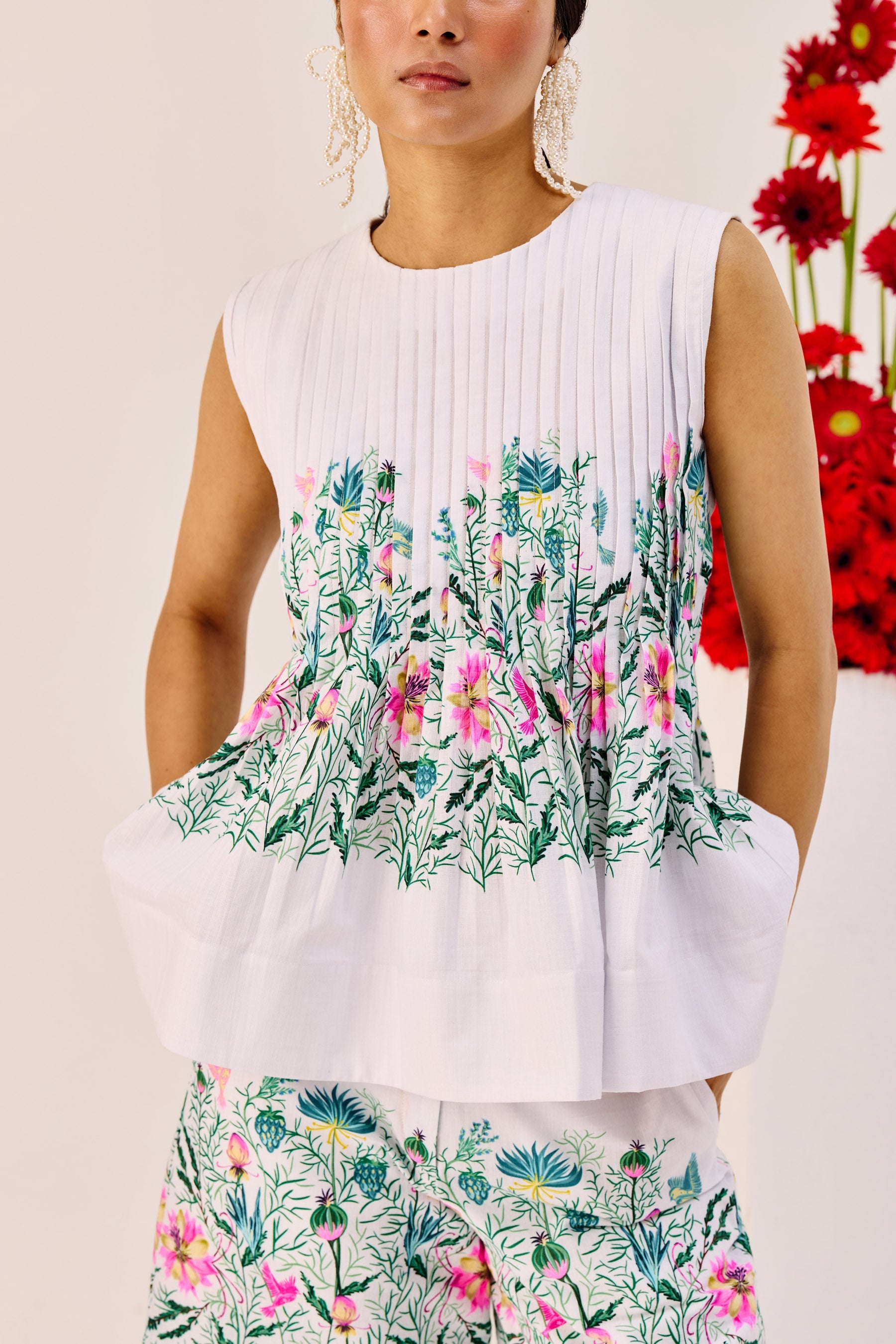 White Floral Print Cotton Bermuda Shorts