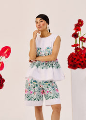 White Floral Print Cotton Bermuda Shorts