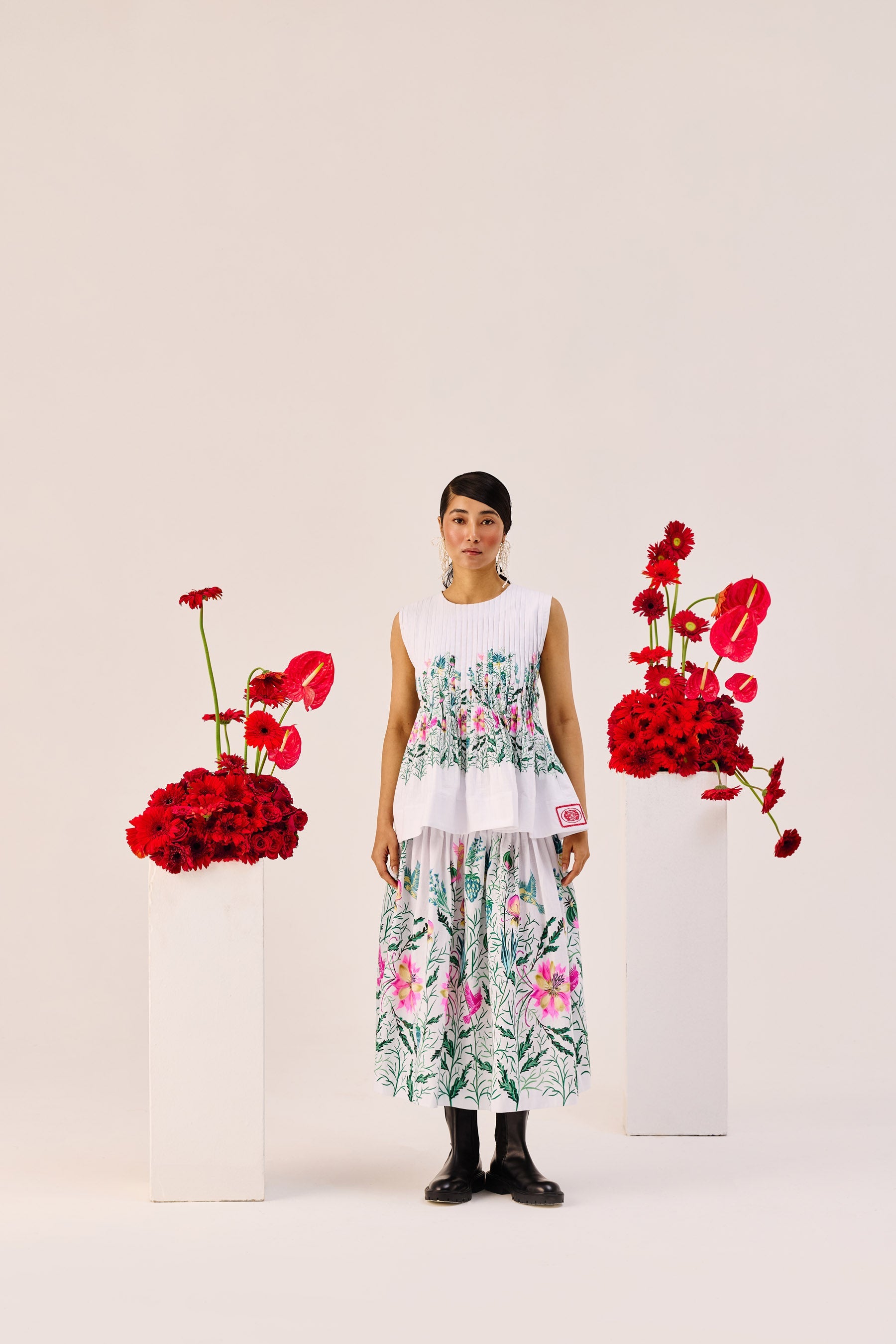 White Floral Print Cotton Midi Skirt