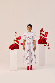 White Cotton Floral A Line Midi Dress