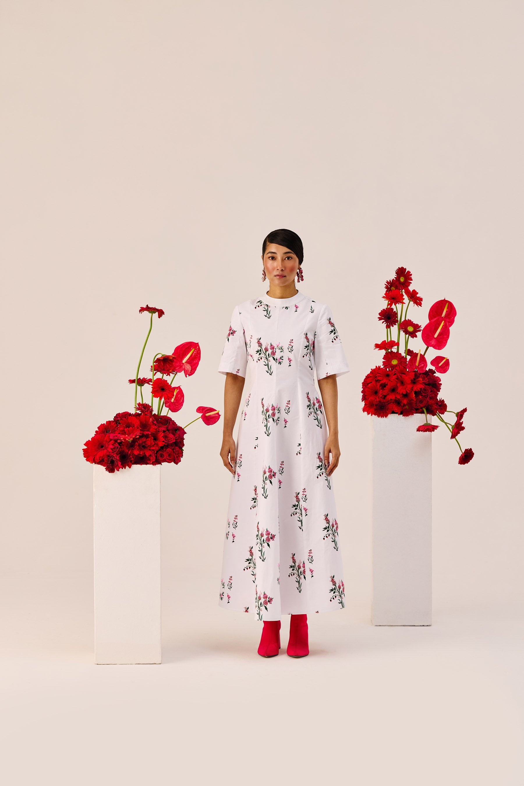 White Cotton Floral A Line Midi Dress