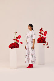 White Cotton Floral A Line Midi Dress