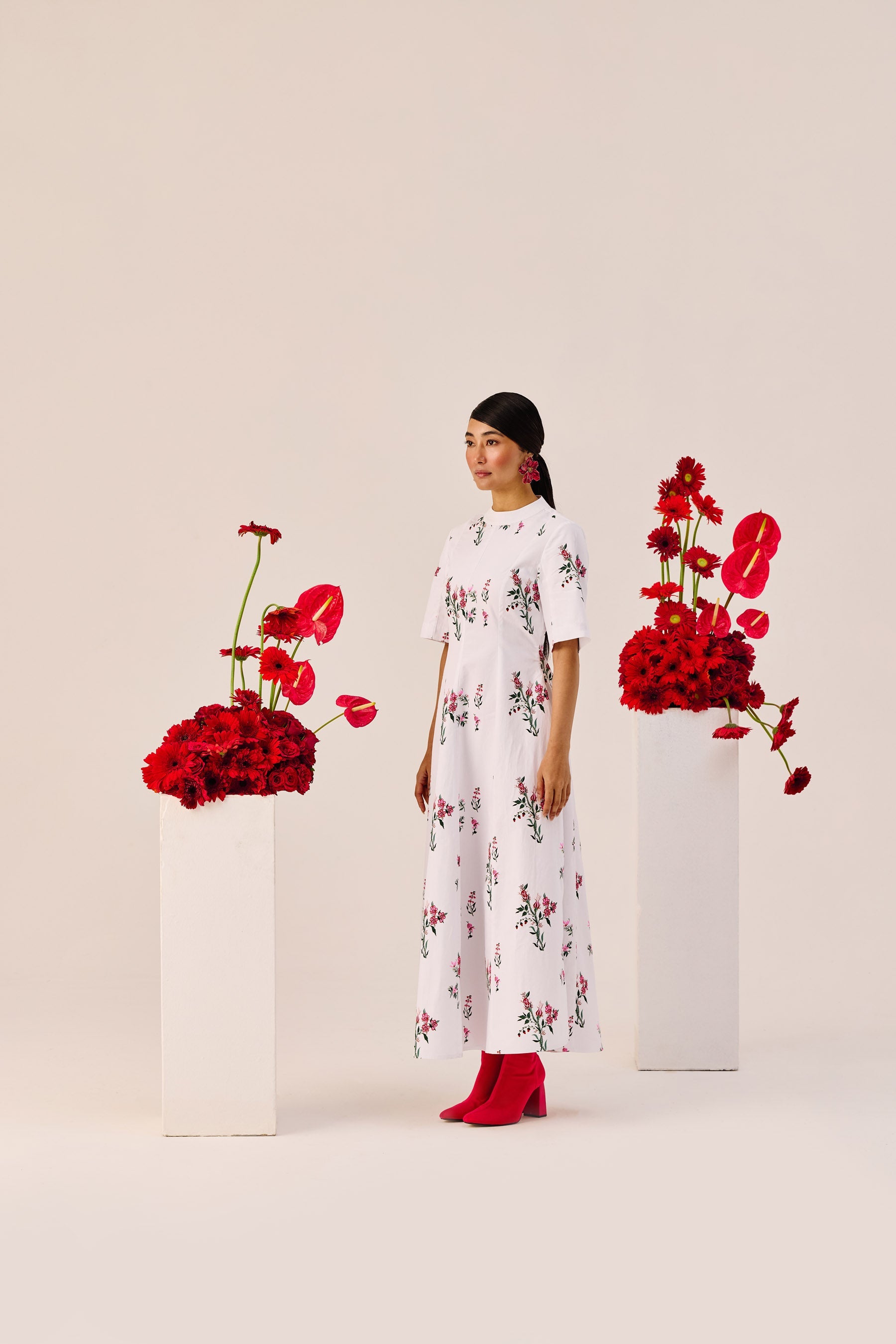 White Cotton Floral A Line Midi Dress