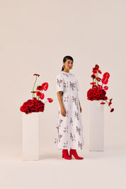 White Cotton Floral A Line Midi Dress