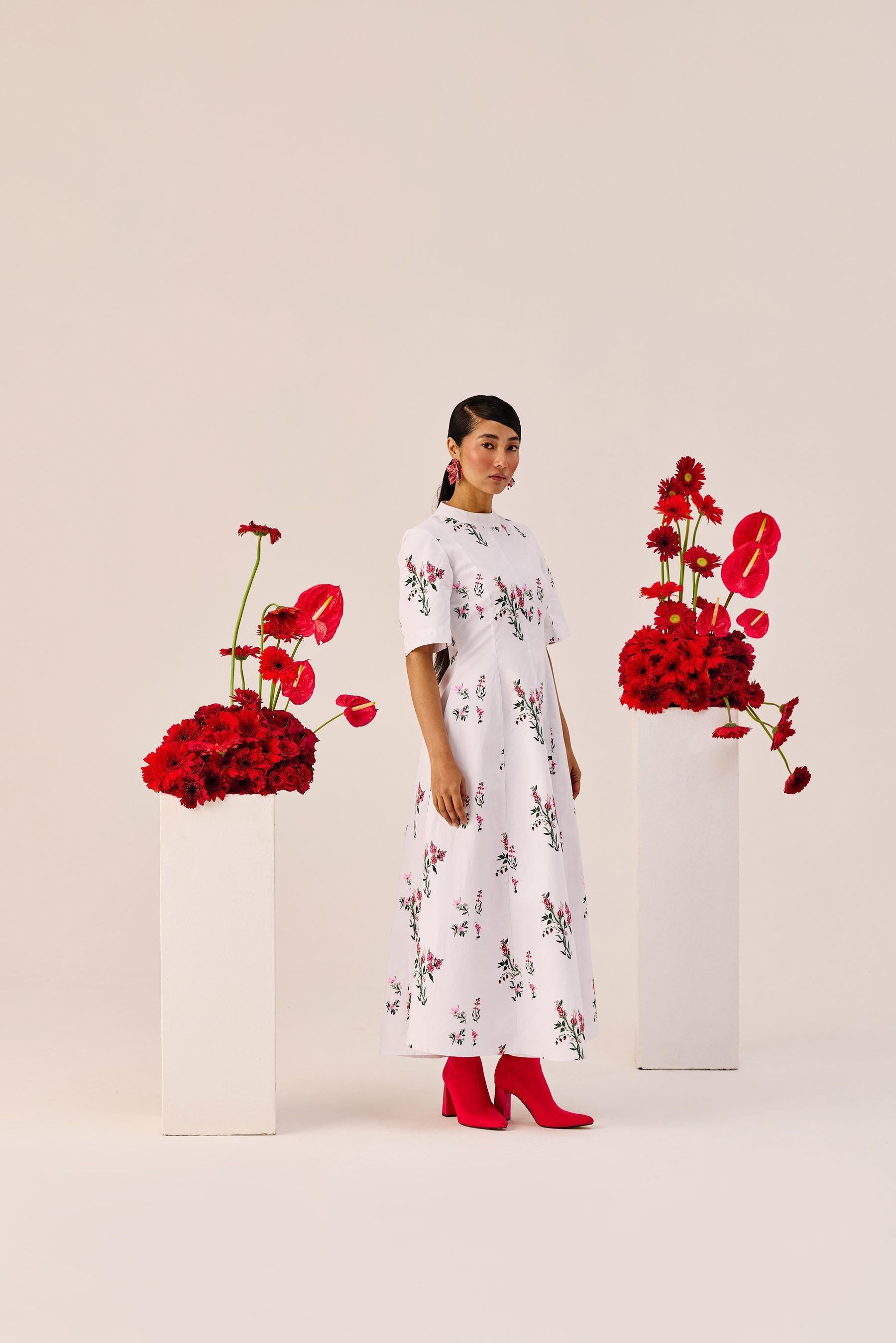 White Cotton Floral A Line Midi Dress