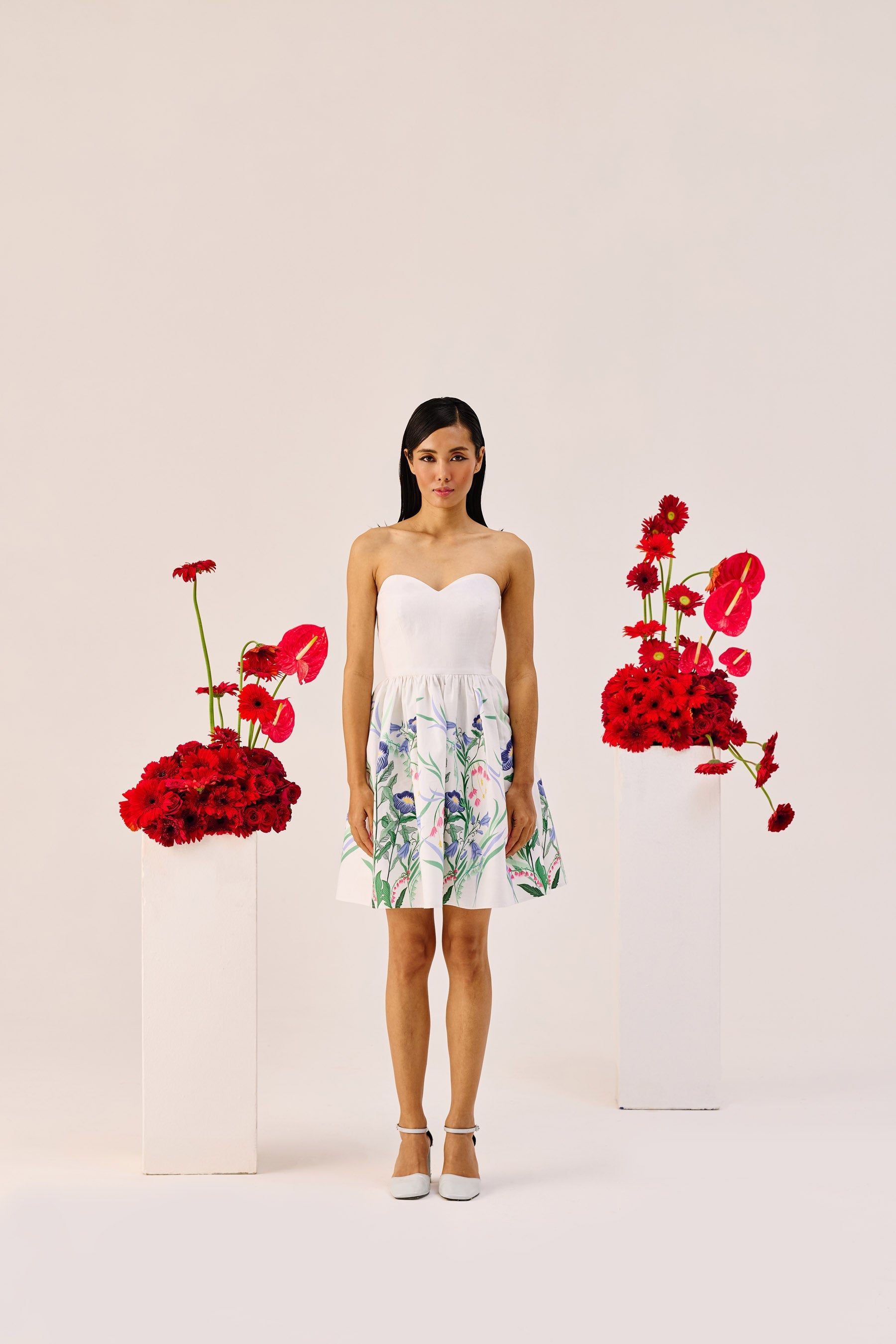 White Floral Linen Strapless Mini Dress