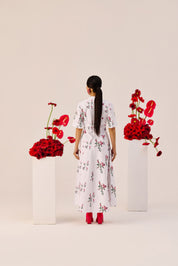 White Cotton Floral A Line Midi Dress