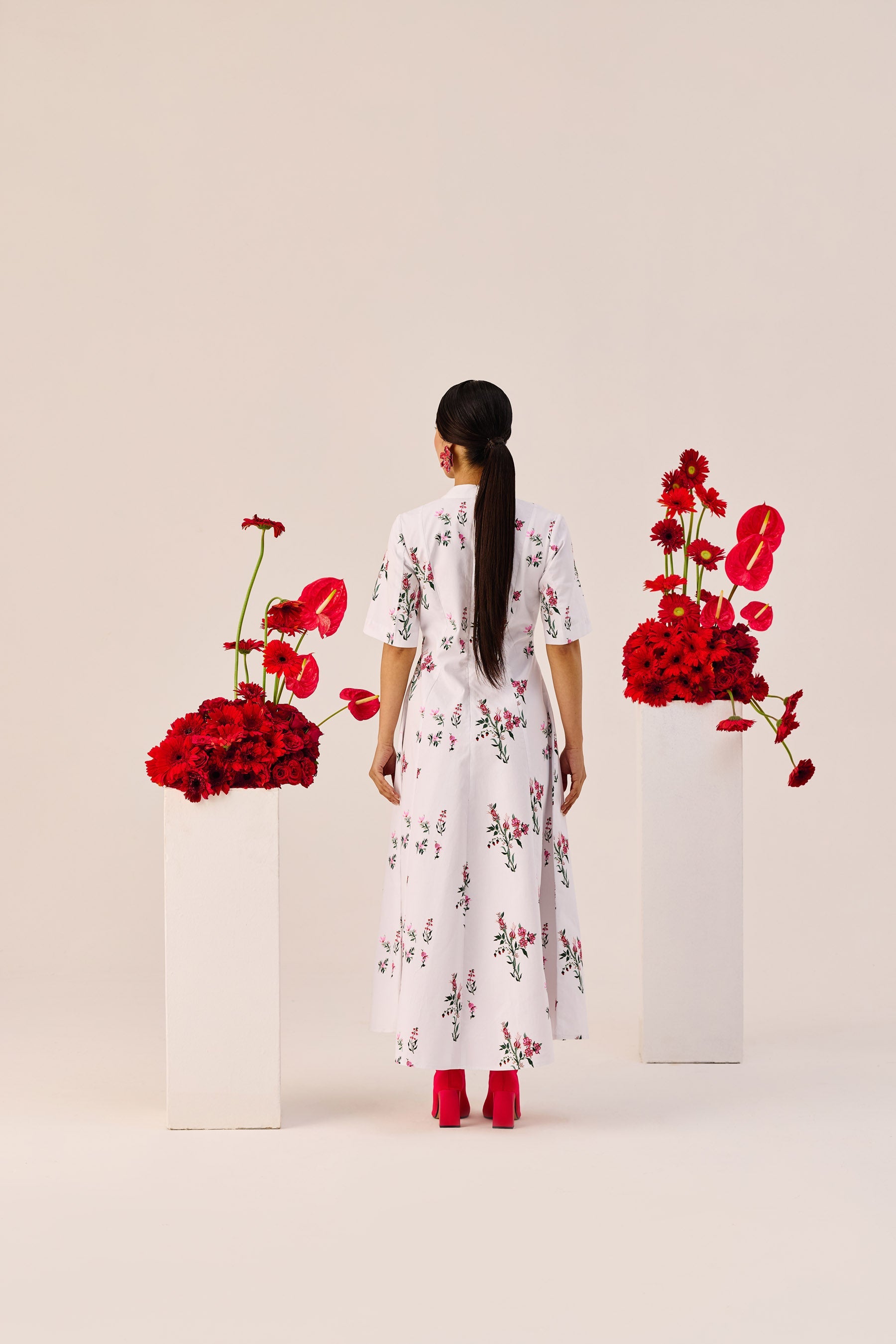 White Cotton Floral A Line Midi Dress