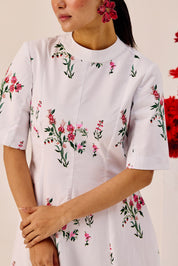 White Cotton Floral A Line Midi Dress