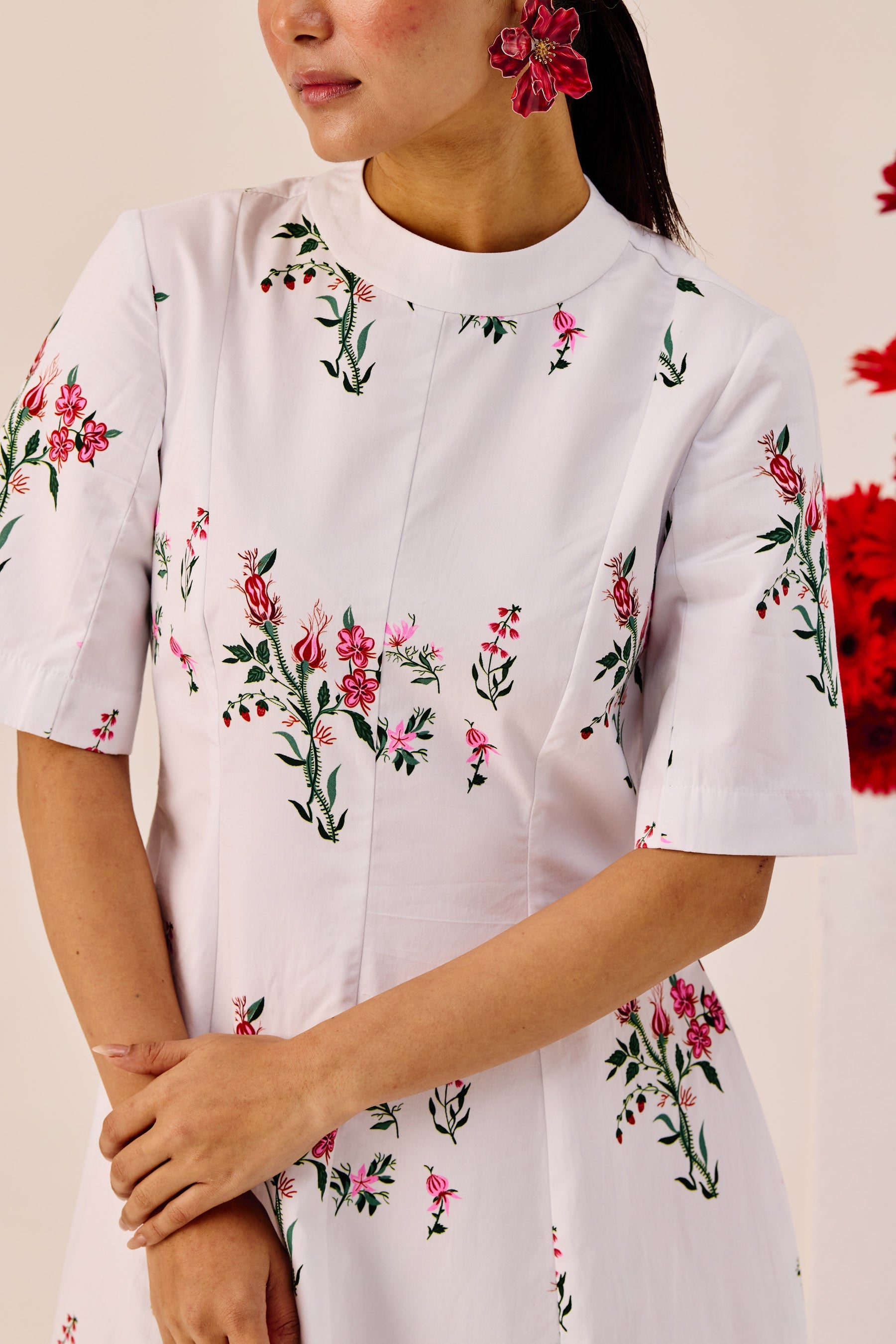White Cotton Floral A Line Midi Dress