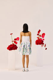 White Floral Linen Strapless Mini Dress