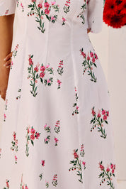 White Cotton Floral A Line Midi Dress