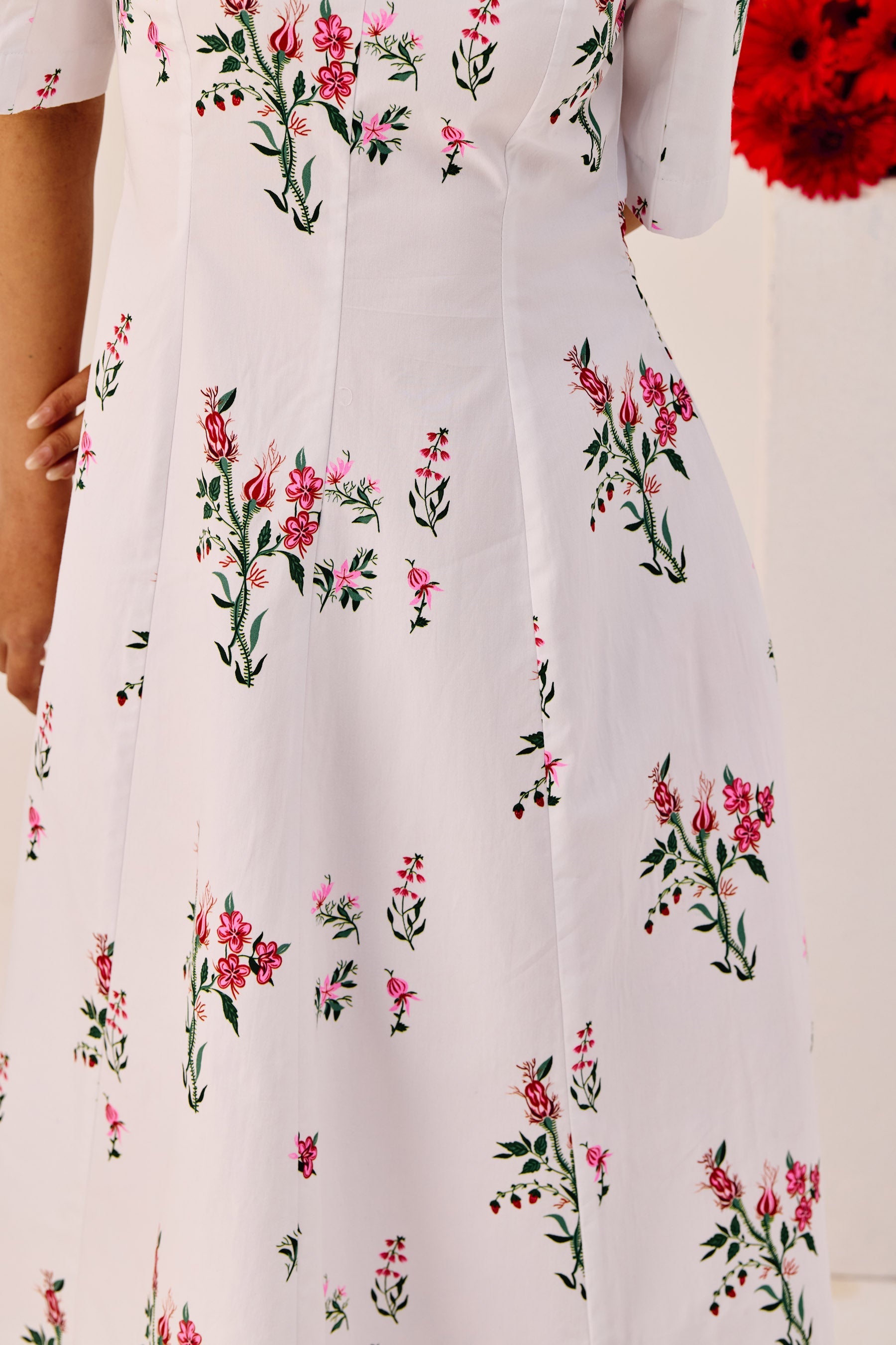 White Cotton Floral A Line Midi Dress