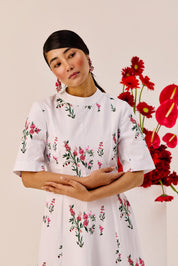 White Cotton Floral A Line Midi Dress