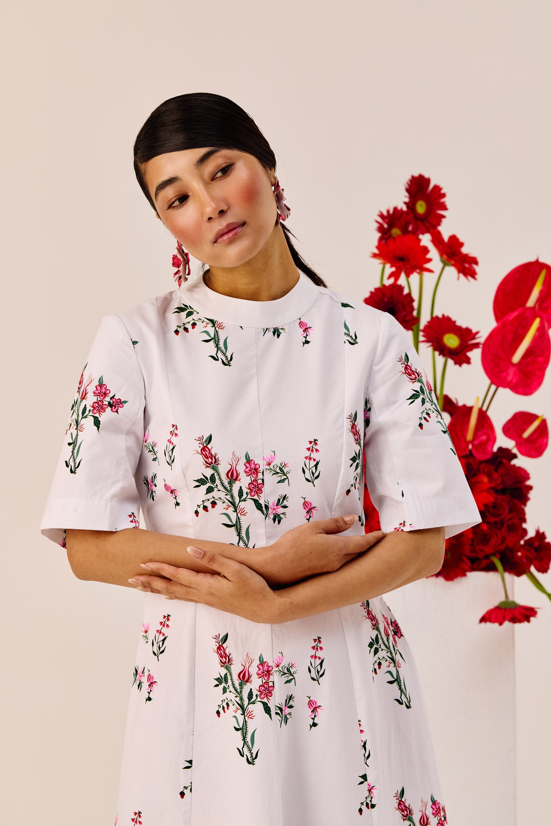 White Cotton Floral A Line Midi Dress