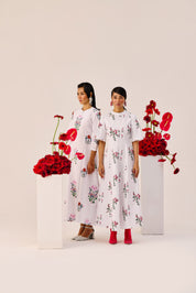 White Cotton Floral A Line Midi Dress
