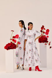 White Cotton Floral A Line Midi Dress