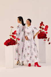White Cotton Floral A Line Midi Dress