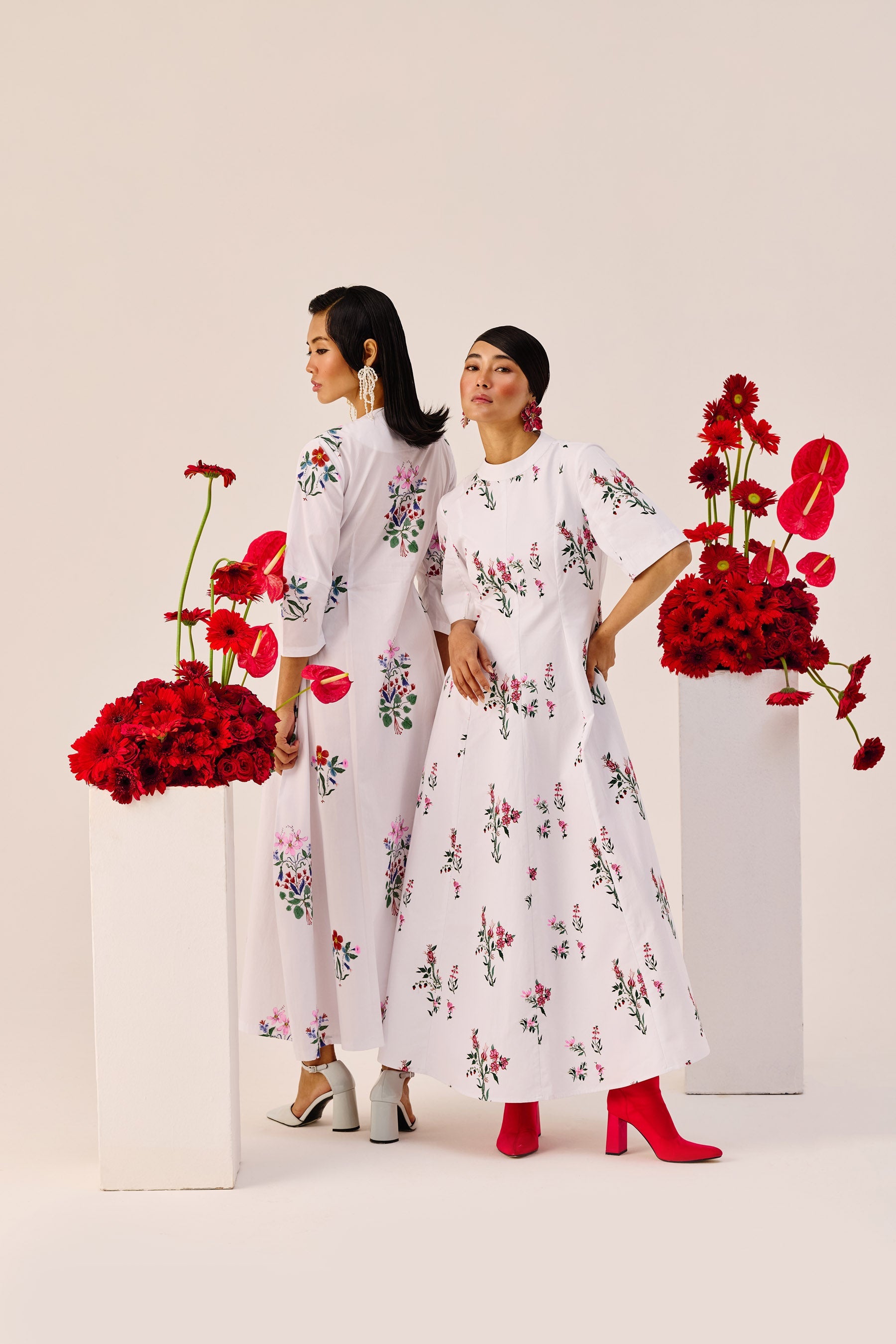 White Cotton Floral A Line Midi Dress