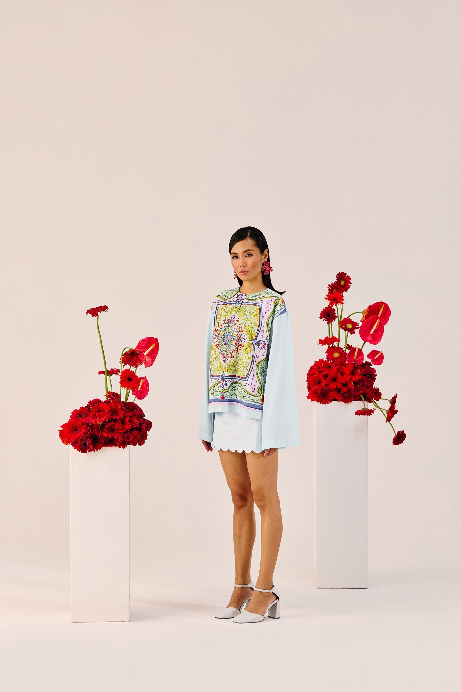 Printed Sky Blue Top with Flared Sleeves