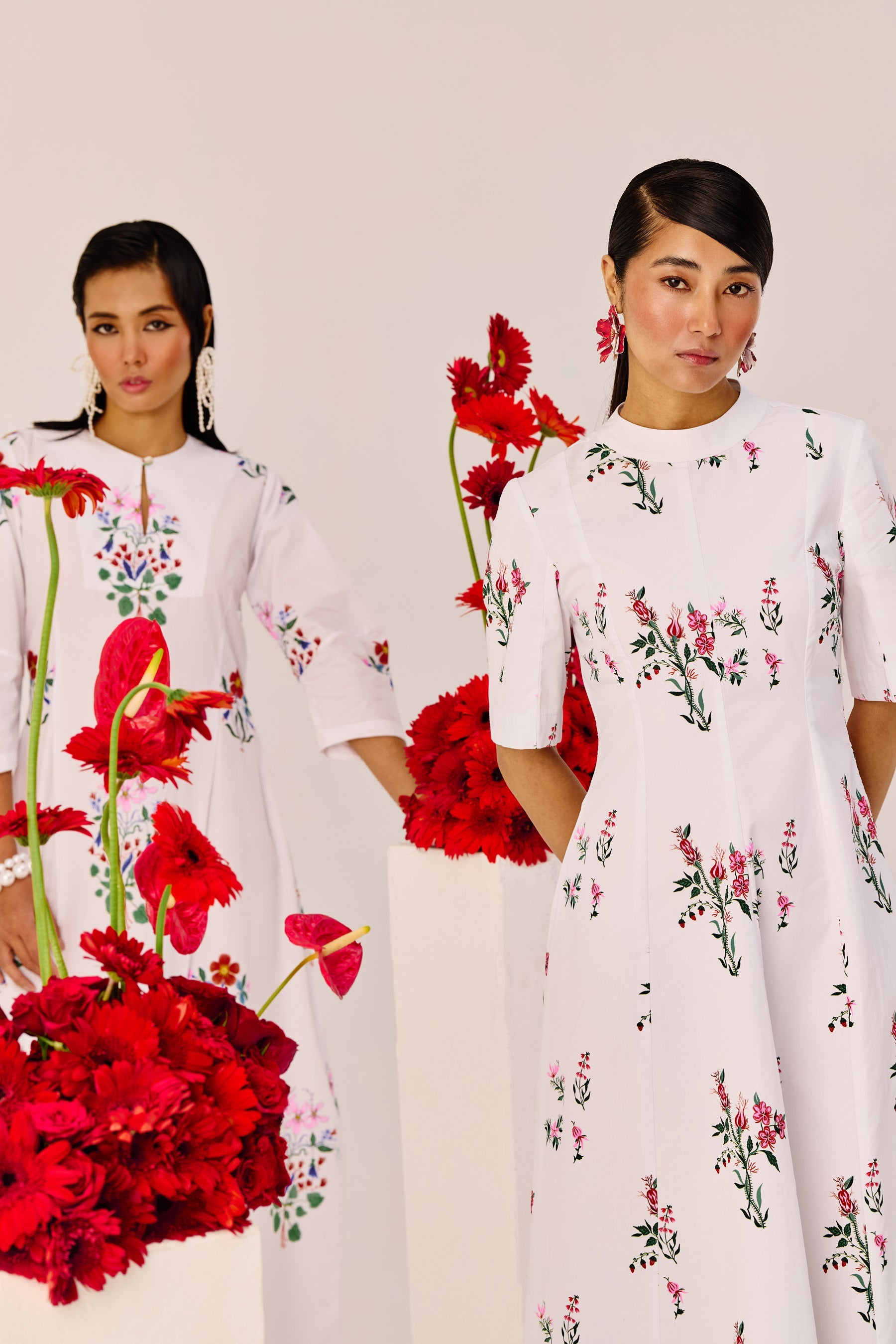 White Cotton Floral A Line Midi Dress