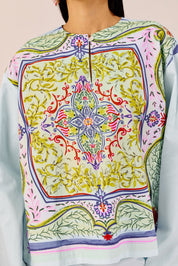 Printed Sky Blue Top with Flared Sleeves