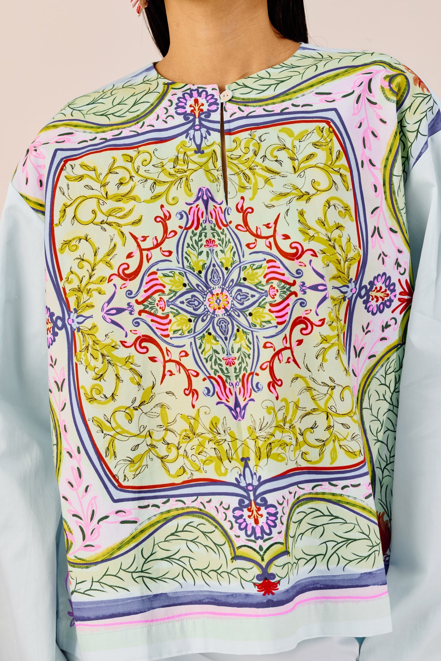 Printed Sky Blue Top with Flared Sleeves