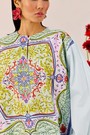 Printed Sky Blue Top with Flared Sleeves