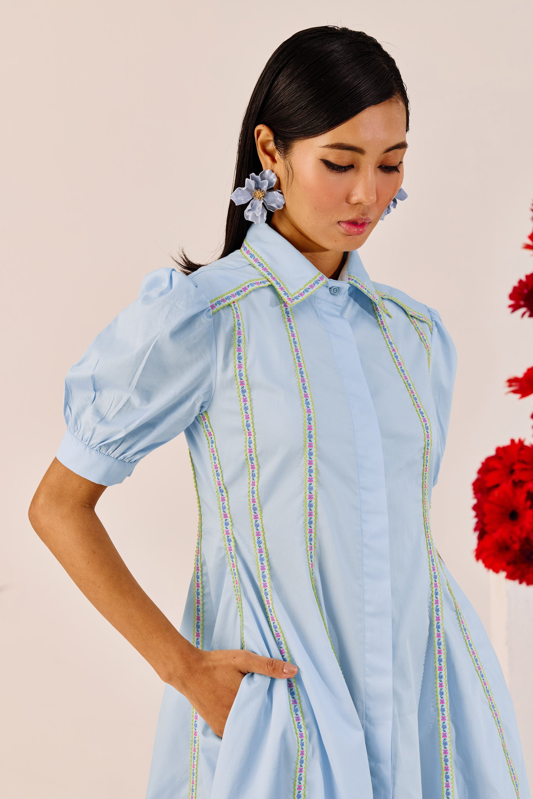 Powder Blue Puff Sleeve a Line Dress