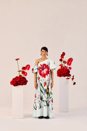 Ice Blue Floral One Shoulder Maxi Dress