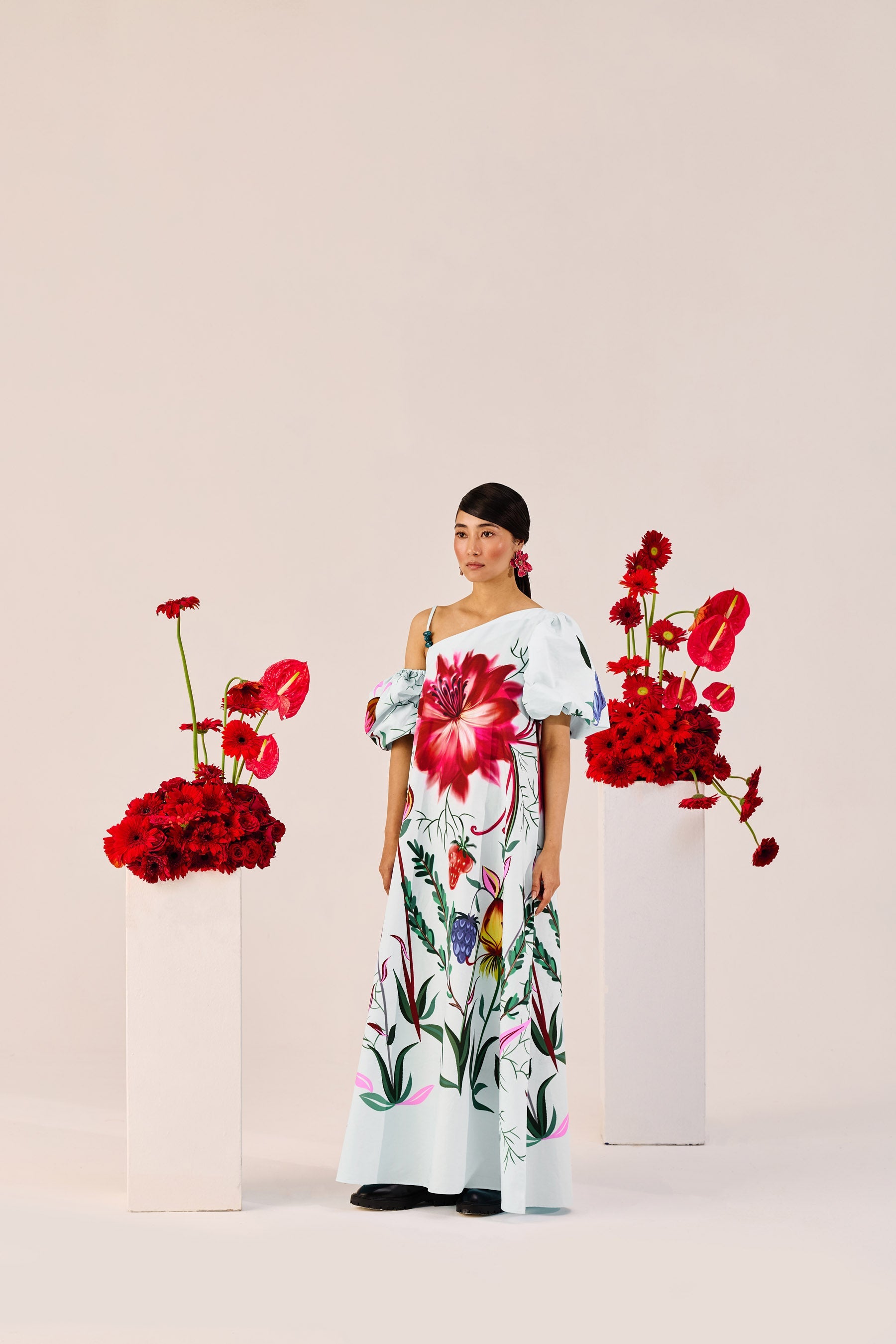 Ice Blue Floral One Shoulder Maxi Dress