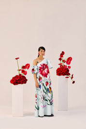 Ice Blue Floral One Shoulder Maxi Dress