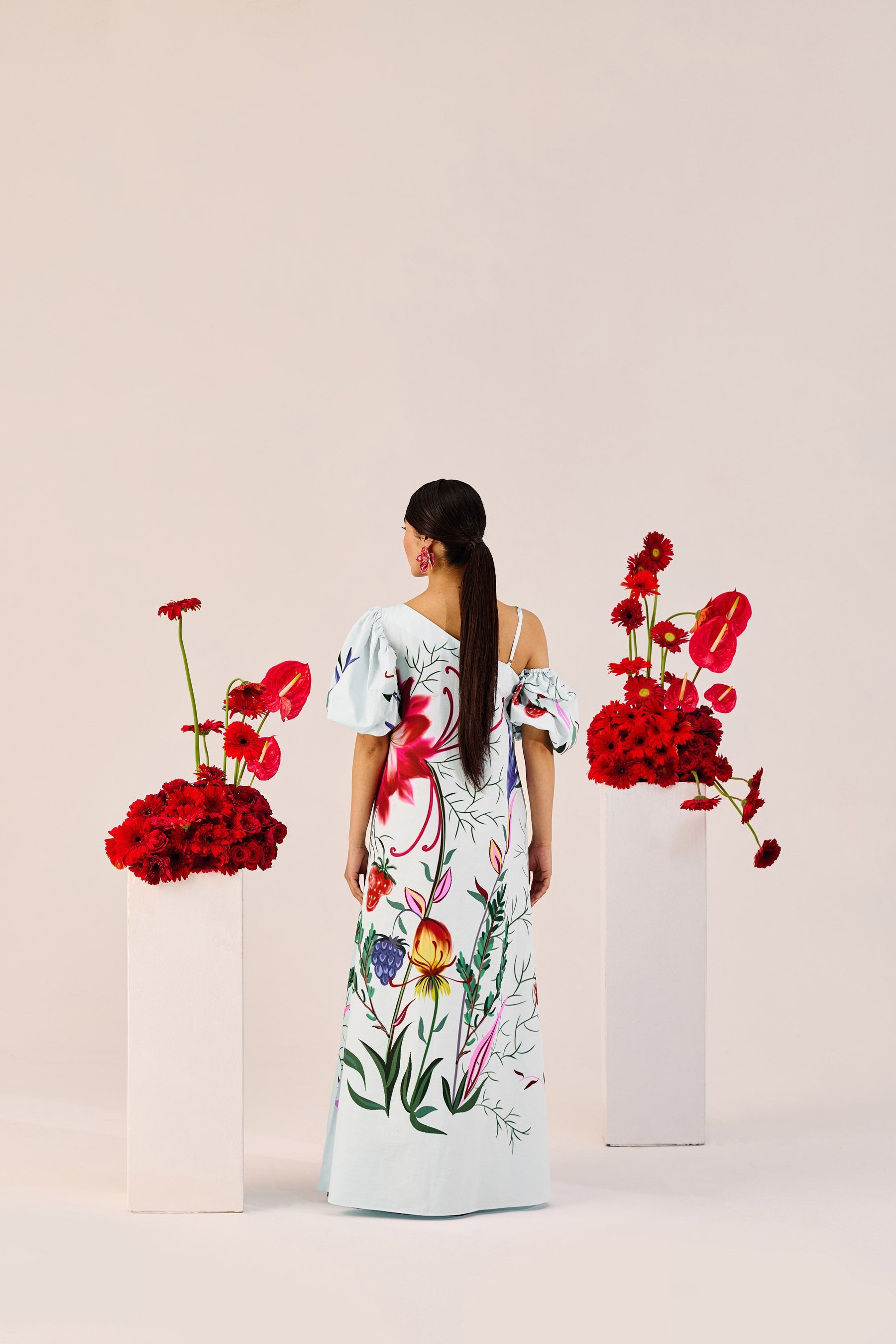 Ice Blue Floral One Shoulder Maxi Dress